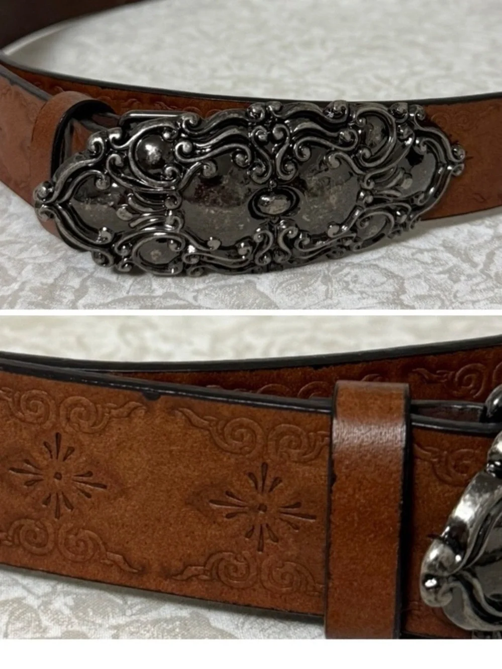 Western Tooled Brown Leather Belt with Ornate Silver Buckle